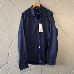 Denim & Flower Ricky Singh Navy Polka Dot Button-Down Shirt Small NWT